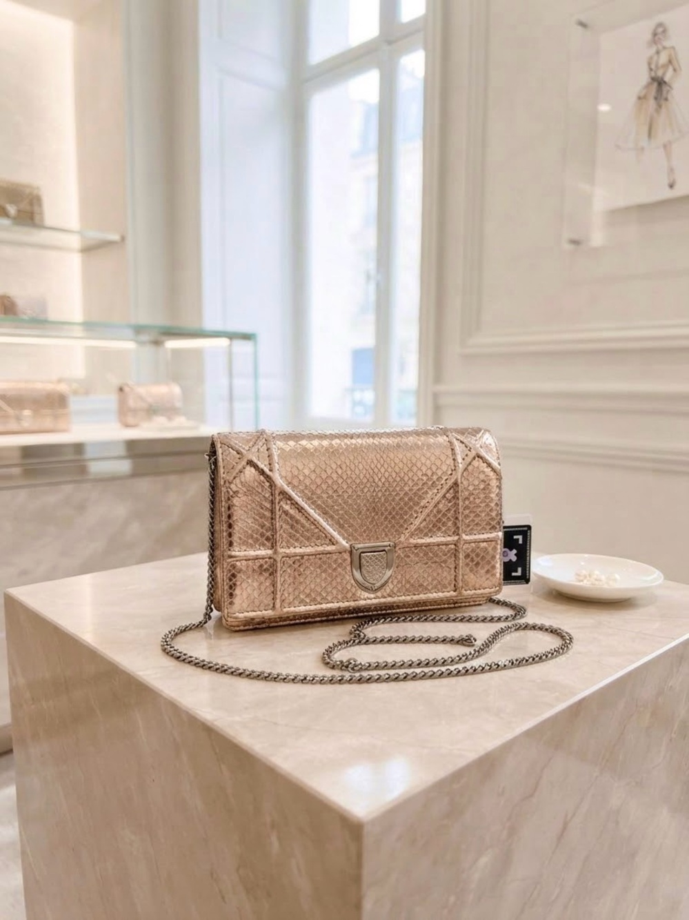 RARE Christian Dior Rose Gold Python Diorama Promenade Pouch Chain Crossbody Bag